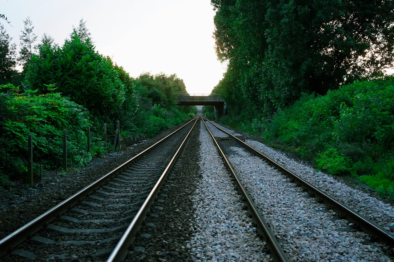 Railway tracks in rural UK surrounded by greenery under a bridge at sunset.